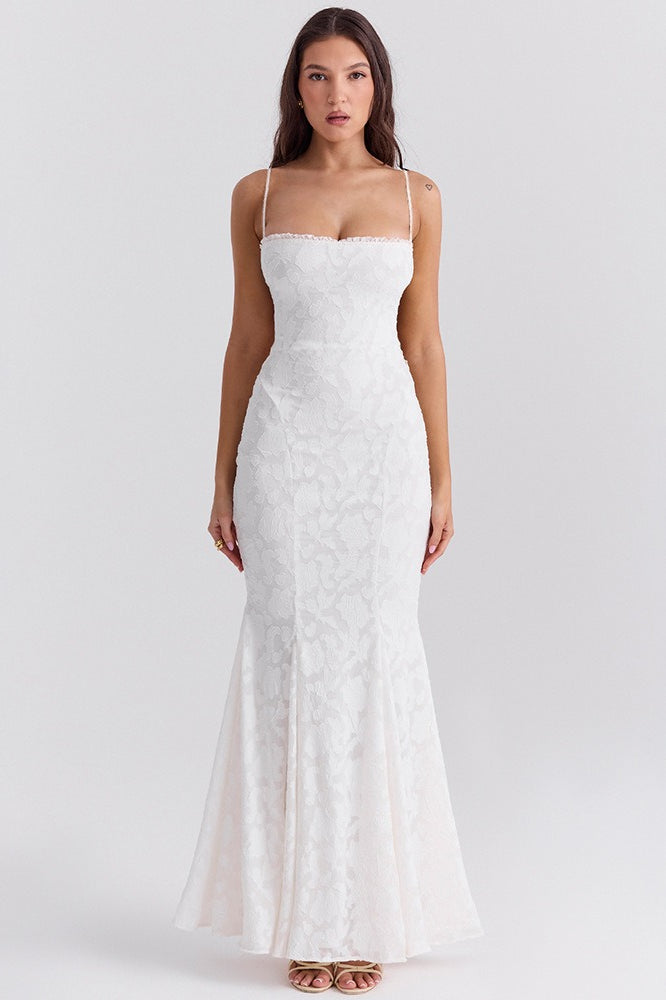 Floral Jacquard Spaghetti Strap Mermaid Formal Gown
