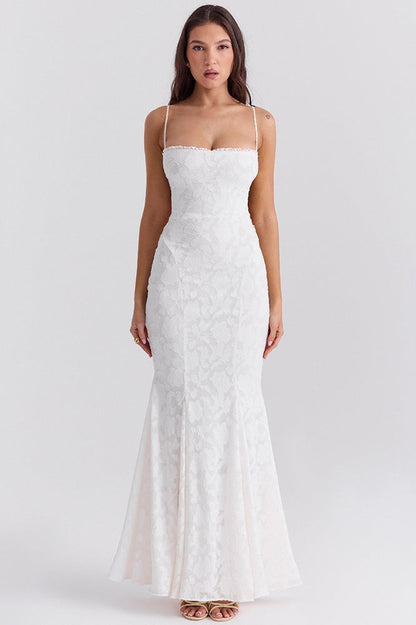 Floral Jacquard Spaghetti Strap Mermaid Formal Gown