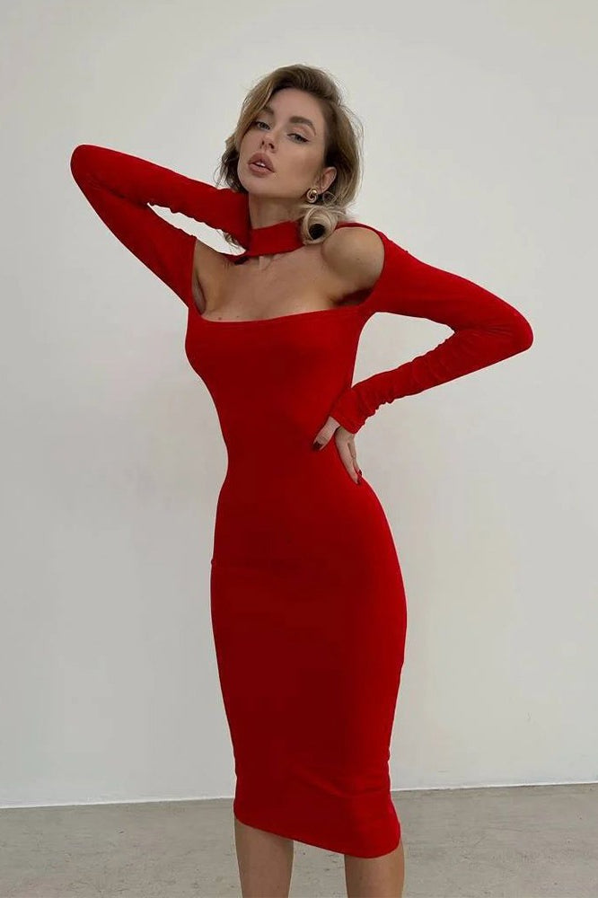 Choker Neck Long Sleeve Shoulder Cut Out Bodycon Midi Dress