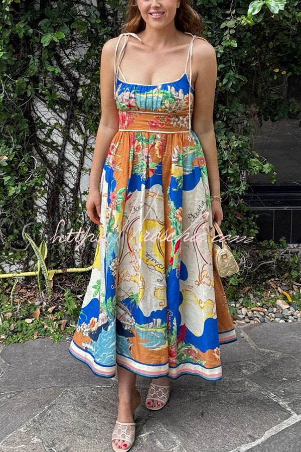 Unique Printed Lace-up Suspender Pockets Casual Resort Style Midi Dress