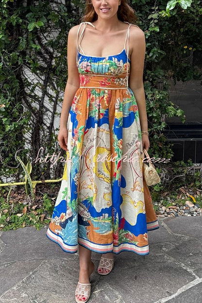 Unique Printed Lace-up Suspender Pockets Casual Resort Style Midi Dress