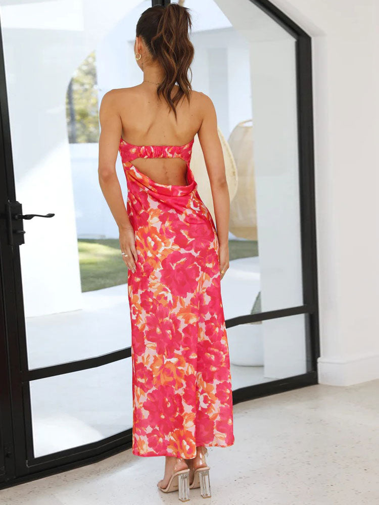 Floral Print Fashionable Dress Bateau Neck Sleeveless Midi Dress