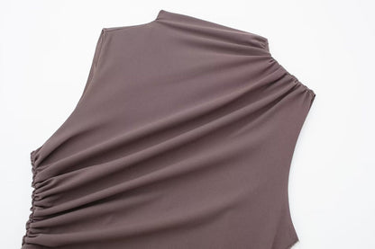 Women Clothing Stand Collar Sleeveless Straight Slim Pleated Decoration Midi Dress