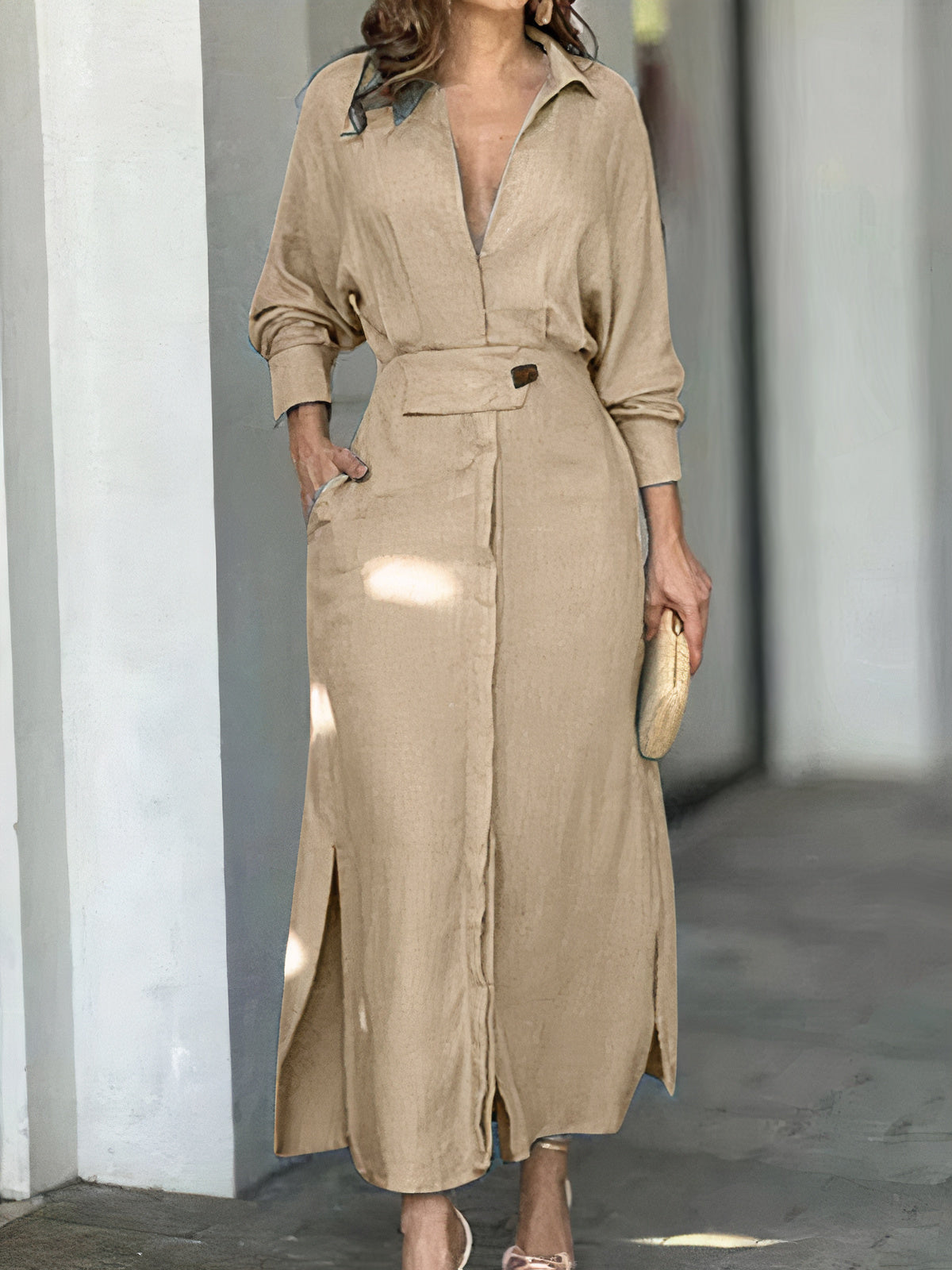 Collared Deep V-Neck Long Sleeve Wide Cuff Waist Tab Maxi Shirt Dress