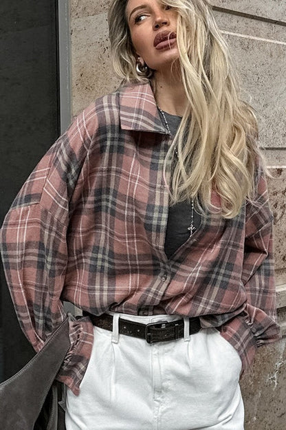 Plaid Loose Fit Cotton Blend Blouse