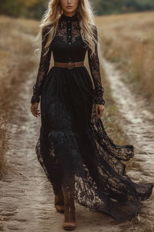 Elegant Hollow Lace Long Sleeve Slim Holiday Maxi Dress