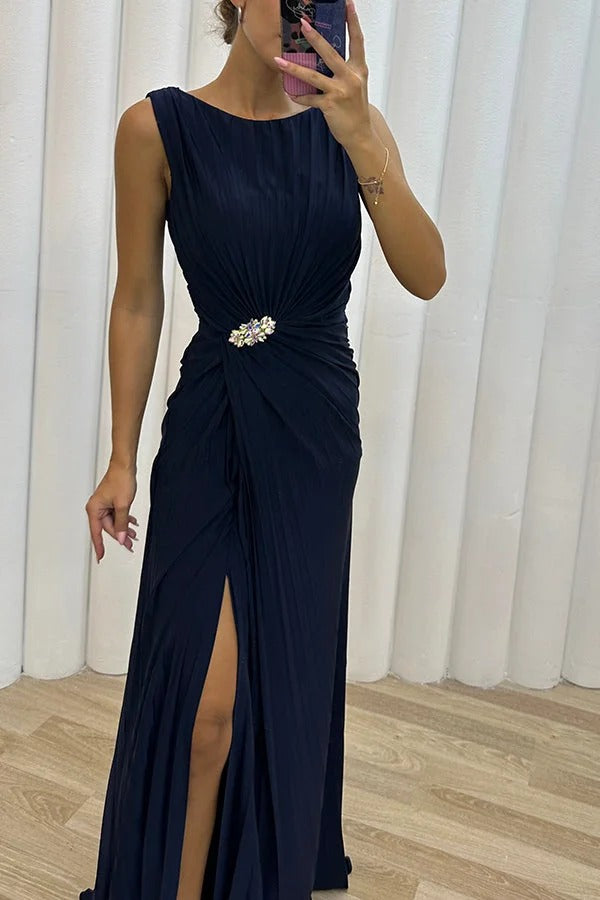 Pleated Round Neck Sleeveless Rhinestone Waist Gathered High Slit Maxi Gown