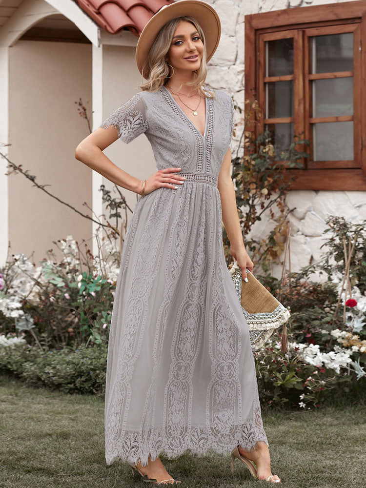 V-Neck Maxi Dress Short Sleeves Casual Long Dress