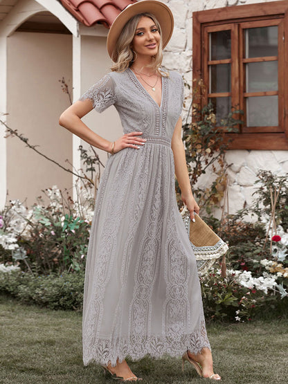 V-Neck Maxi Dress Short Sleeves Casual Long Dress