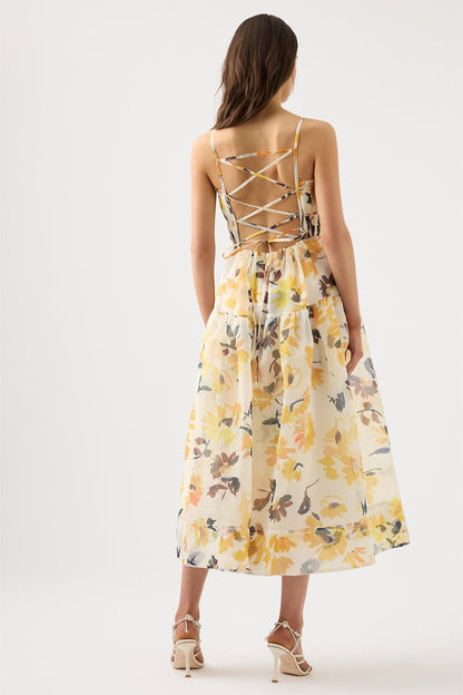 Floral Ruched Sleeveless Midi Dress