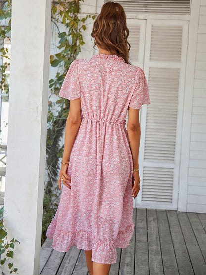 Printed V-Neck Short Sleeves Midi Dress