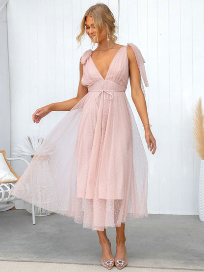 Summer Midi Dress Pink V-Neck Lace Up Tulle Beach Dress