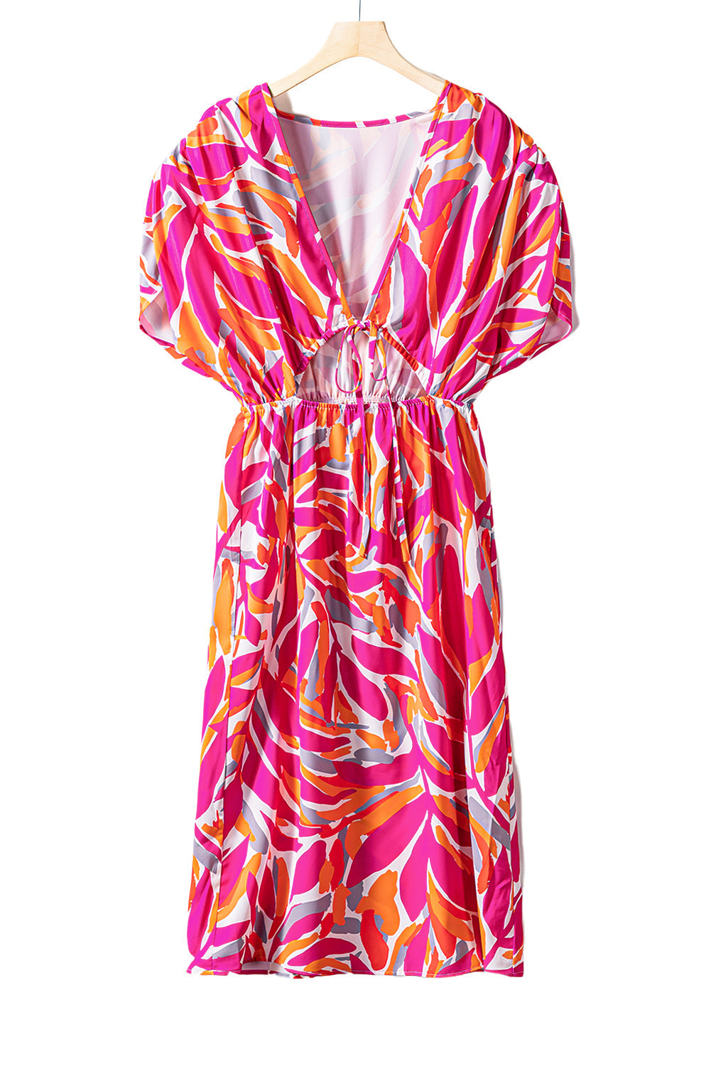 Rose Tropical Leafy Print Drawstring V Neck Midi Dress