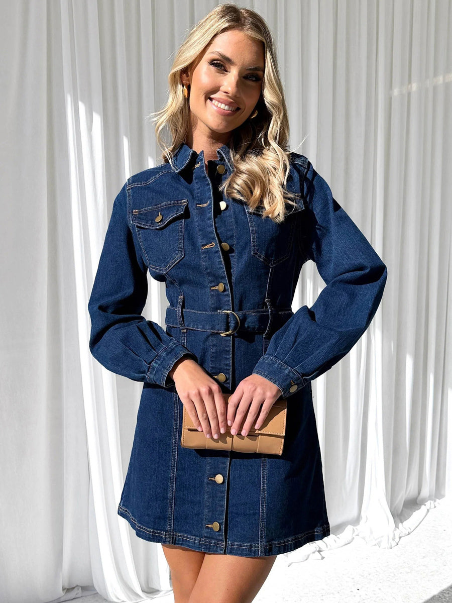 Denim Dress Buttons Belted Long Sleeves Pockets Casual Mini Dresses