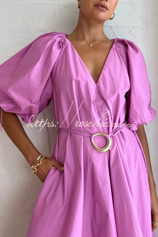 Elegant V Neck Ring Belt Lace Up Puff Sleeve Pocket Midi Dress
