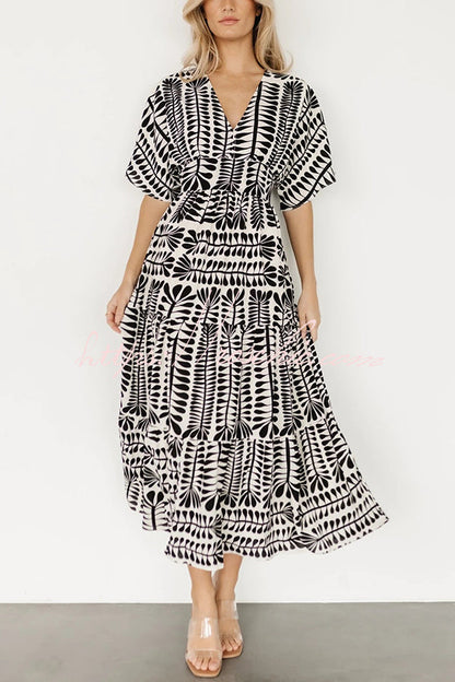 Bohemian Style Unique Printed Short Sleeve High Waist Midi Dress