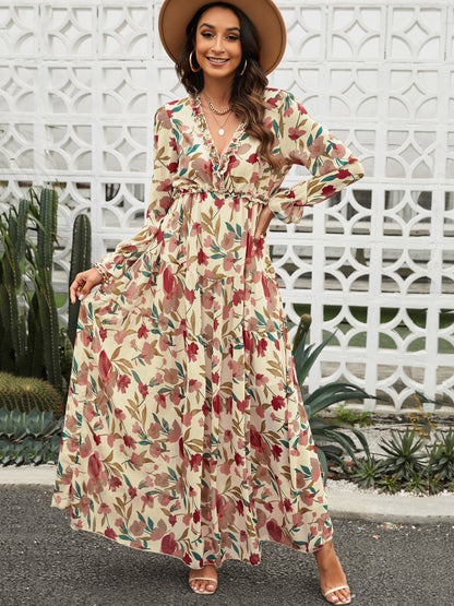 Floral Boho Maxi Dress For Women - High Waist Long Sleeve Ruffle V-Neck Gown - Spring Garden Wedding Guest 2026