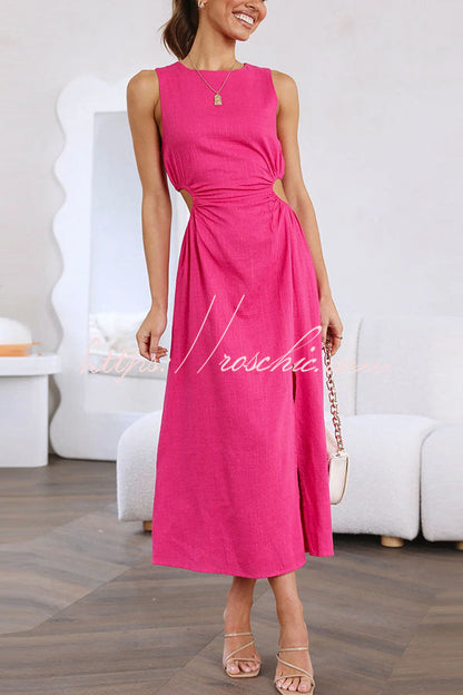 Smile for You Linen Blend Cutout Waist Slit Midi Dress