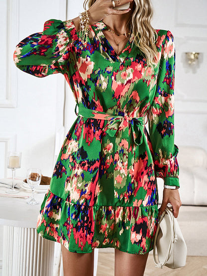 Long Sleeves Loose Printed Split-Joint Tied Waist V-Neck Mini Dresses