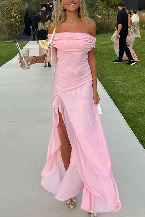 Off Shoulder Back Cut Out Ruffle Slit Maxi Dress