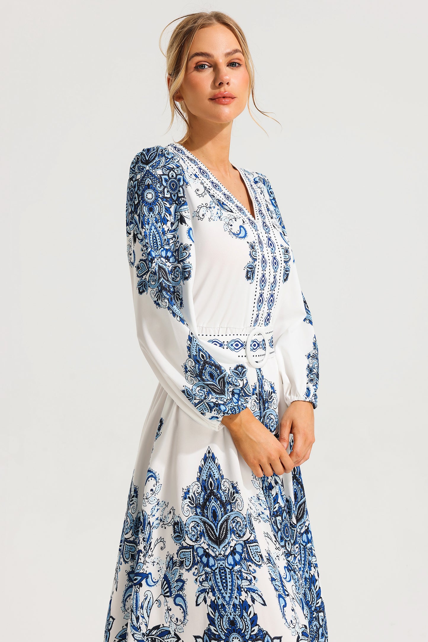 Paisley Single Breasted Long Sleeve Mini Dress With Belt