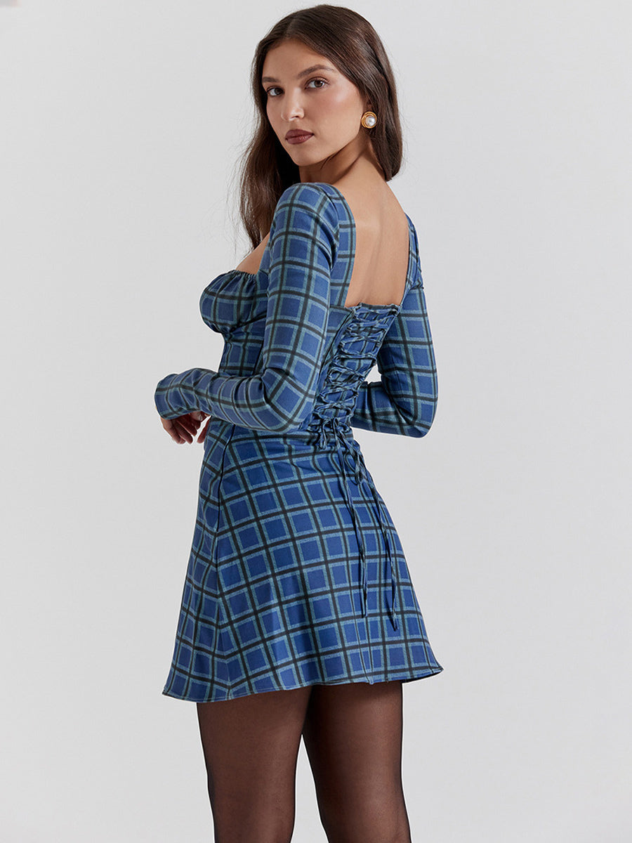 Sweet Sheath Dress Mini Floral Square Neck Long Sleeves Lace-up Mini Dresses