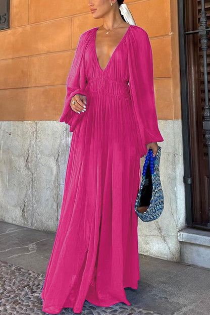 Chiffon Ruched Gathered Waist Maxi Dress
