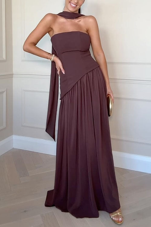 Strapless Back Lace-up High Slit Splice Maxi Dress