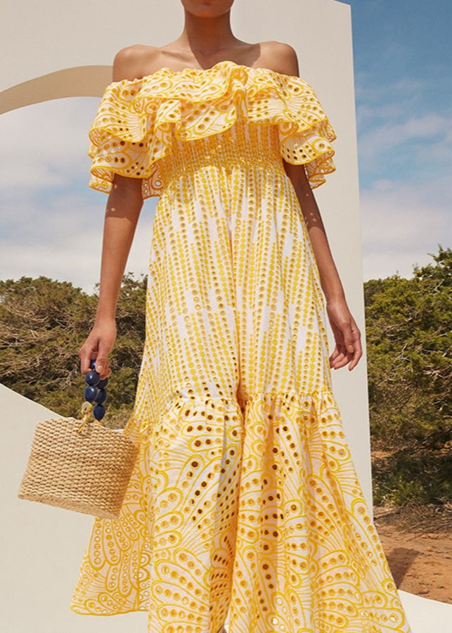 Off Shoulder Smocked Eyelet Embroidered Tiered Ruffle Maxi Dress