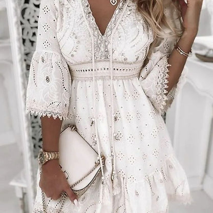 Eyelet Lace Tassel Tie Scalloped Trim Tiered Ruffle Mini Dress