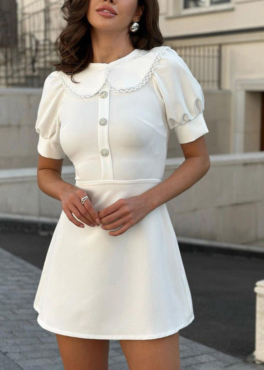Peter Pan Collar Lace Trim Pearl Button Puff Sleeve Mini Dress