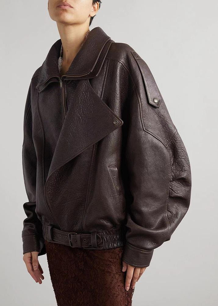 | Women's Belted Oversized Leather Bomber Jacket