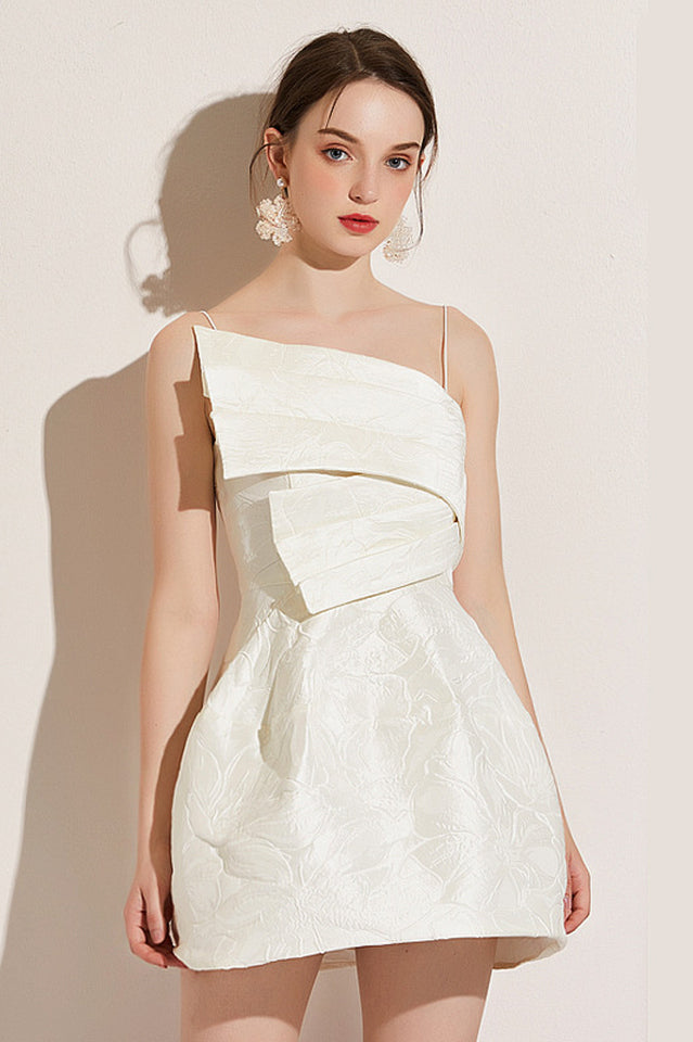 Jacquard Brocade Asymmetrical Pleated Overlay Spaghetti Strap Mini Dress