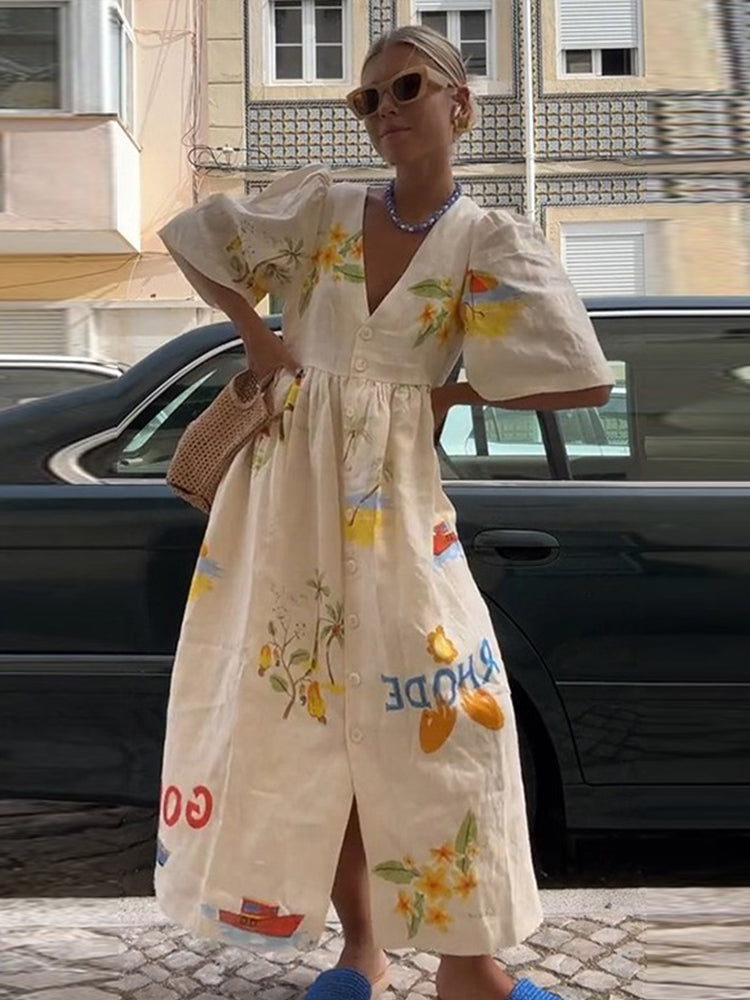 Deep V-Neck Puff Sleeve Button Front Tropical Print Midi Dress