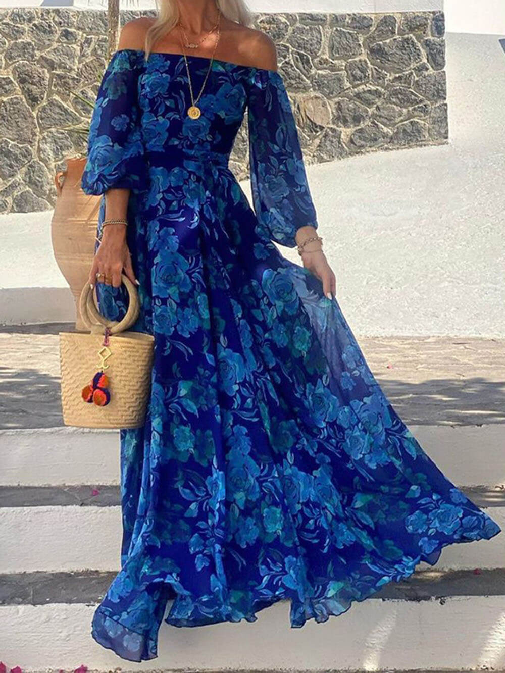 Off Shoulder Balloon Sleeve Large Floral Print Maxi Dress