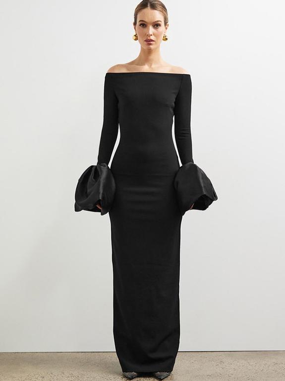 Off Shoulder Long Sleeve Balloon Cuff Column Maxi Gown
