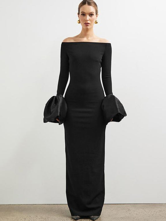 Off Shoulder Long Sleeve Balloon Cuff Column Maxi Gown