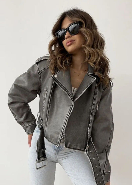 Washed Faux Leather Moto Jacket â_?Vintage Biker Edge