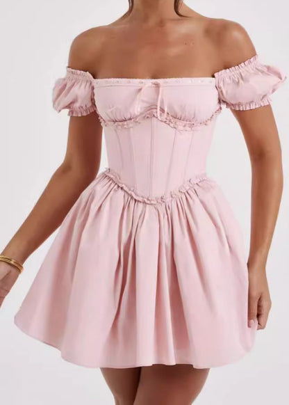 Off Shoulder Puff Sleeve Corset Boned Bodice Ruffle Trim Fit and Flare Mini Dress