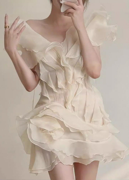 Deep V Neck Tiered Organza Ruffle Overlay Fit and Flare Mini Dress