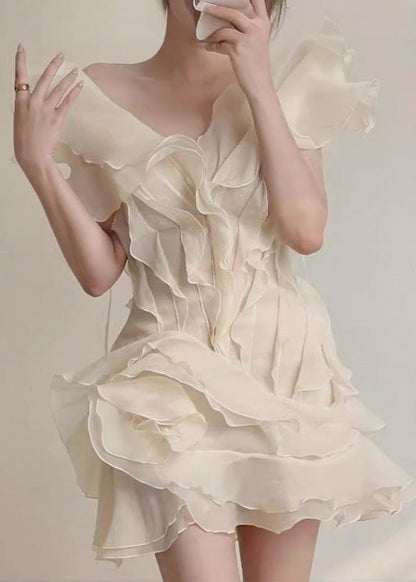 Deep V Neck Tiered Organza Ruffle Overlay Fit and Flare Mini Dress