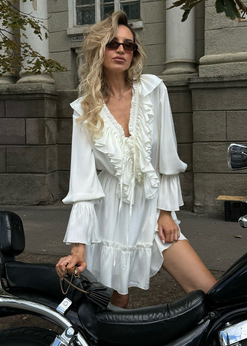 Deep V Ruffle Trim Long Sleeve Tiered Mini Dress