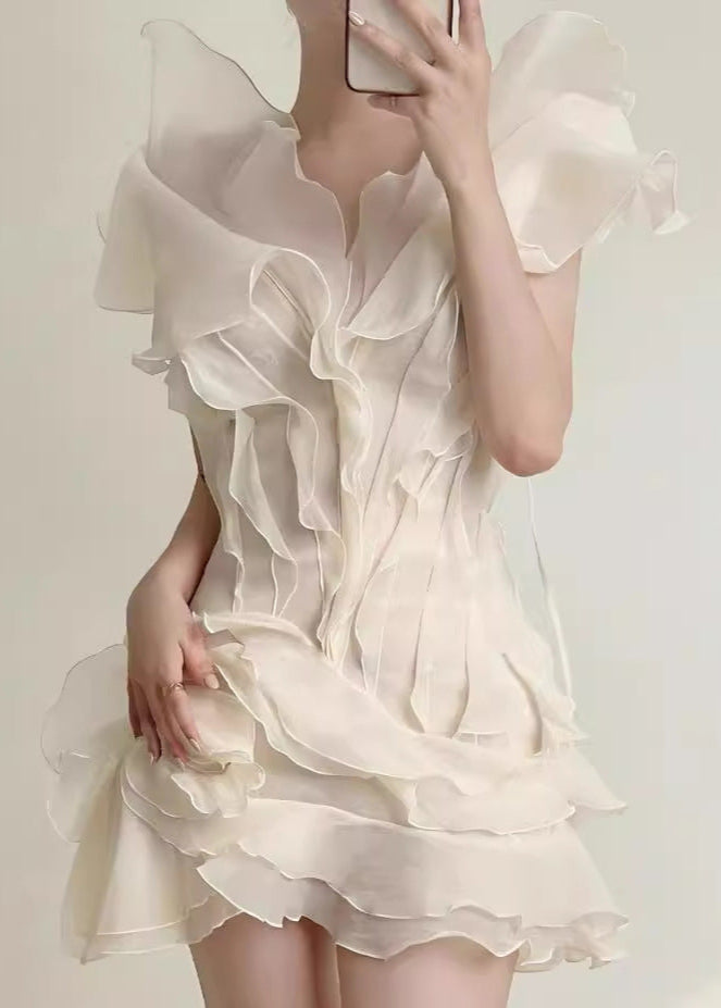 Deep V Neck Tiered Organza Ruffle Overlay Fit and Flare Mini Dress