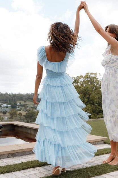 Polka Dot Mesh Smocked Waist Tiered Flutter Sleeve Maxi Dress