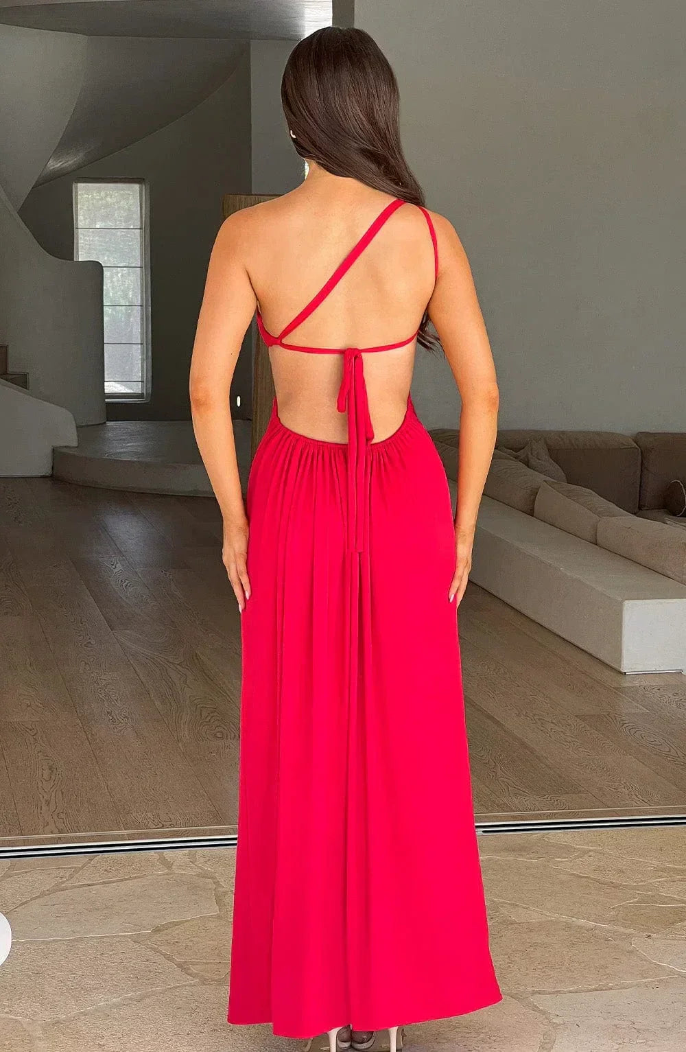 One Shoulder Ruched Waist Side Cutout High Slit Maxi Gown