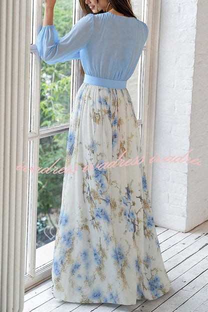 Plant Print V-neck Long Sleeve Elegant Stitching Maxi Dress
