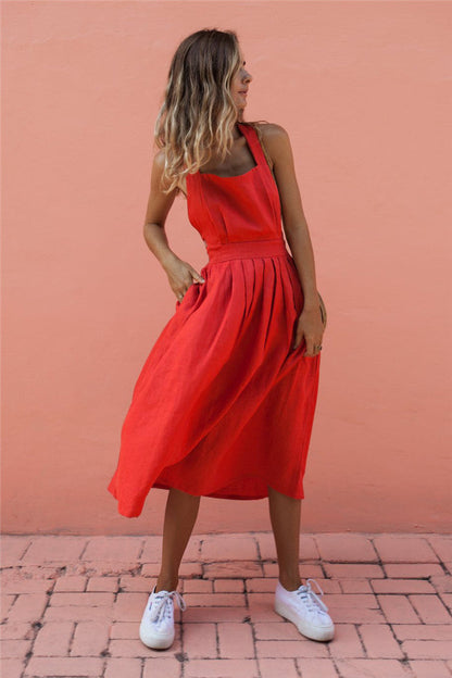 Backless Square Neck Button Side Cut Out A-Line Midi Dress