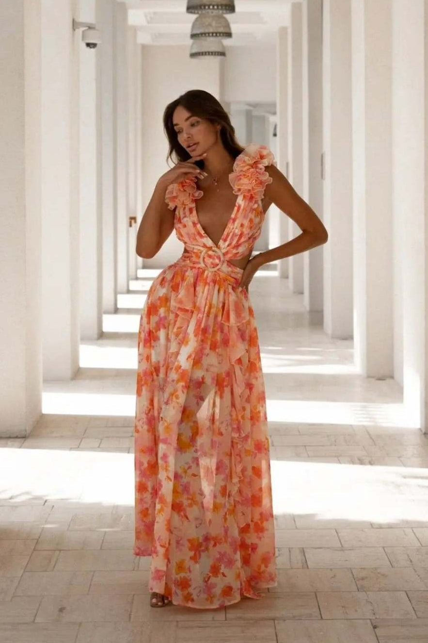 Blossom Print Ruffle Neckline Cutout Tiered Ruffle Maxi Dress
