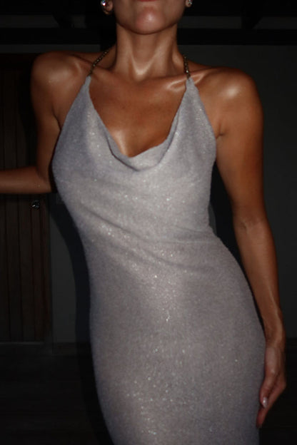 Strolling on The Beach Knit Metallic Fabric Chain Shoulder Strap Backless Maxi Dress