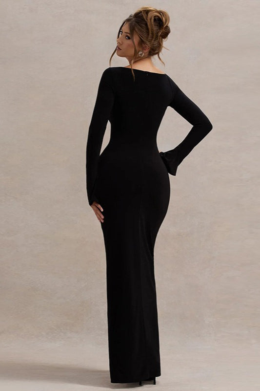 Asymmetrical Off Shoulder Long Sleeve High Slit Bodycon Maxi Dress